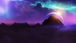 سماء أرجوانية وقمر على جبل بدقة 1440p HD