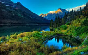 a lake surrounded by mountains and trees