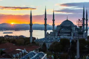 Blue Mosque With Mountain Sunset