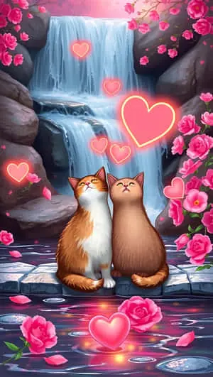 Cats in Love by a Valentine’s Stream, smartphone wallpaper
