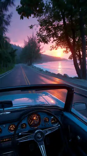 Coastal Drive at Dusk with Reflective Roadway and Ocean	