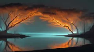 Ethereal Landscape with Lichtenberg Etched Trees Reflected	