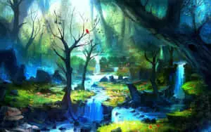 a painting of a forest with a waterfall