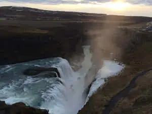 Gullfoss Waterfall With Sunbeam In Southwest Iceland