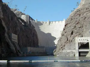 Majestic Hoover Dam beautifully viewed at sunset.