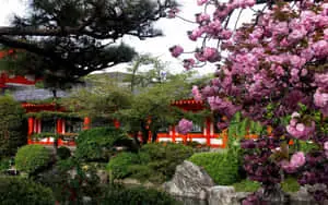 A peaceful view of a traditional Japanese landscape