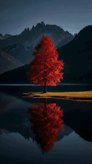Lonely red maple tree on island with mirror lake and mountains