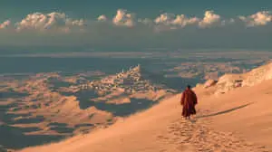 Moody editorial desert portrait of a lone Bedouin	