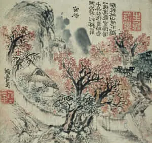a painting of a chinese landscape with trees