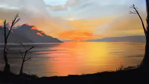 Orange Sunset Lake Paint Art
