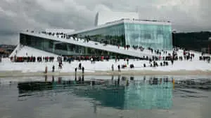People Lining Outside Oslo Opera House