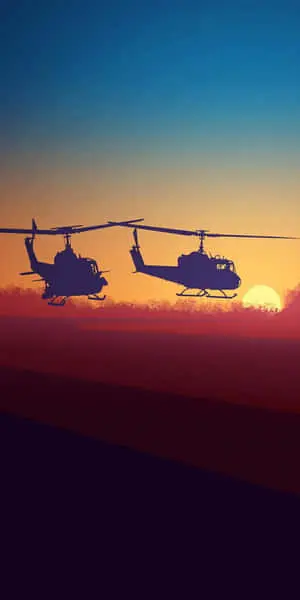Colorful Sunset Pixel 3 Helicopters Background Vector Art