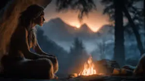 Primal Dwelling by Firelight Under a Setting Sun	