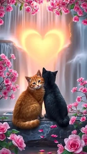 Romantic Cats by the Waterfall, smartphone wallpaper
