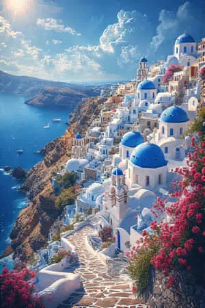 Santorini Blue Domes and White Houses Greece 4k