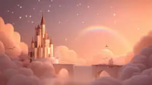 Serene Fairytale Castle with Waterfall and Sunset Rainbow	
