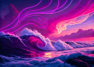 Sunset over mountain waves paints the sky with pink and blue light