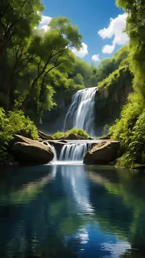 Tranquil Waterfall Reflection Under Blue Skies. smartphone wallpaper