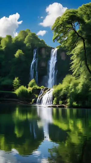 Tranquil Waterfall Reflection Under Blue Skies. smartphone wallpaper