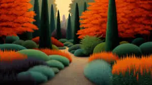 Vibrant Autumn Garden Path with Conical Trees	