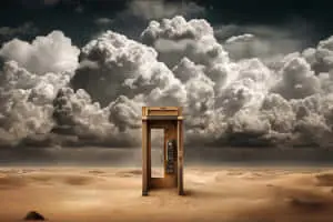 Vintage Phone Booth in Desert Under Dramatic Cloudscape	