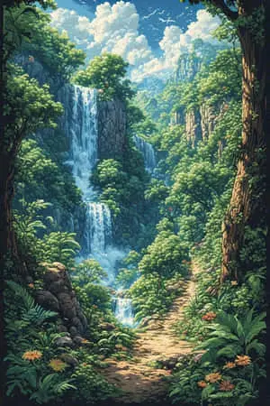 Whimsical Forest Waterfall Adventure